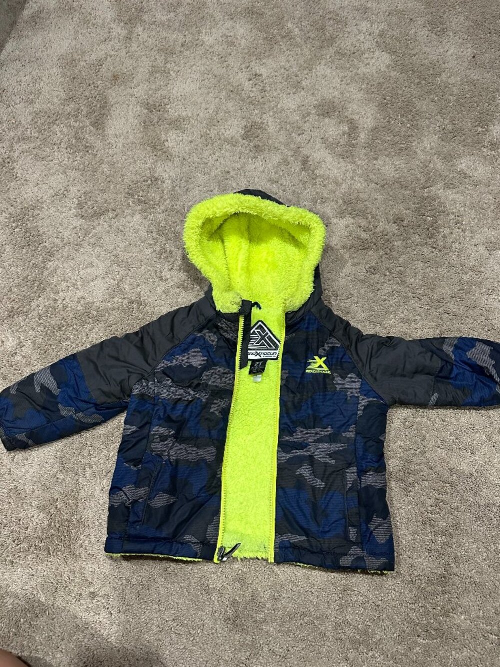 ZeroXposur Toddler Boys 2T Puffer Jacket Blue Camo Neon Sherpa Lined Hood